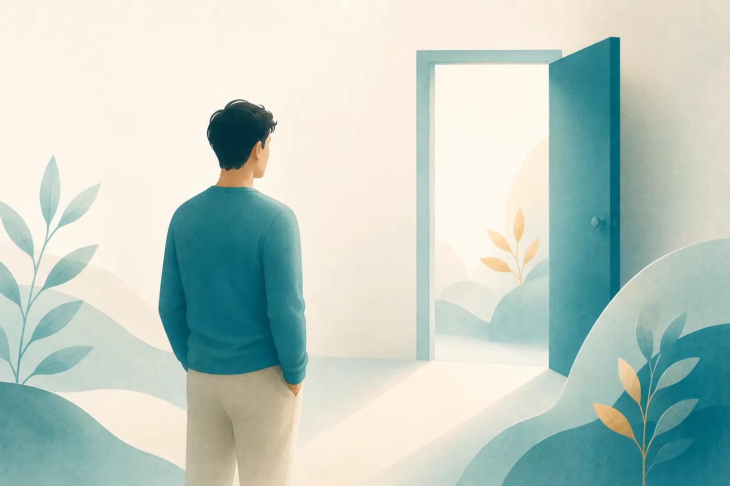 부드러운 빛 아래 화장실 문 근처에 생각에 잠겨 멈춰 선 사람 — 파루레시스의 증상